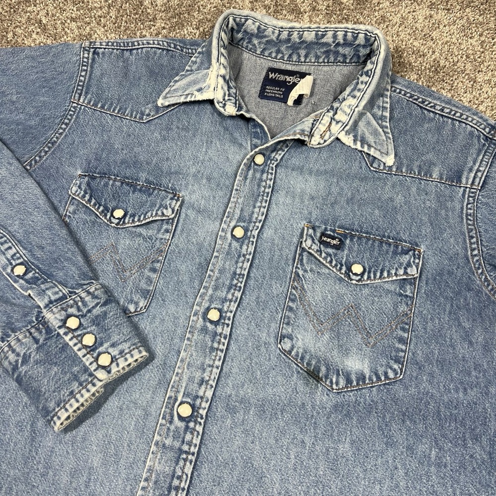 VTG 80s Wrangler Faded Distressed Blue Denim Shirt Western Pearl Snap USA Made L